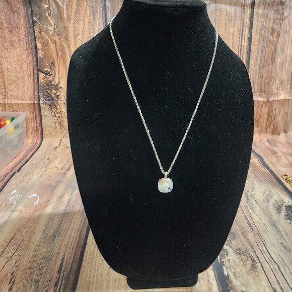 Artesian Made Silver Tone Dainty Chain Square White Pendant W/Multi Color Dots - Picture 2 of 9